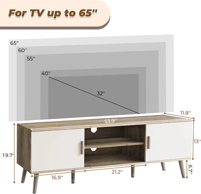 LL TV Stand for 55 Inch TV, Entertainment Center with Adjustable Shelf, 2 Cabinets, TV Console Table, Media Console, Solid Wood Feet, Cord Holes, for Living Room, Bedroom, White