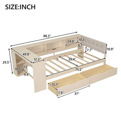 Euroco Wood Twin Size Platform Bed with Desk and Shelves, Drawers and USB Charging for Kids, Cream