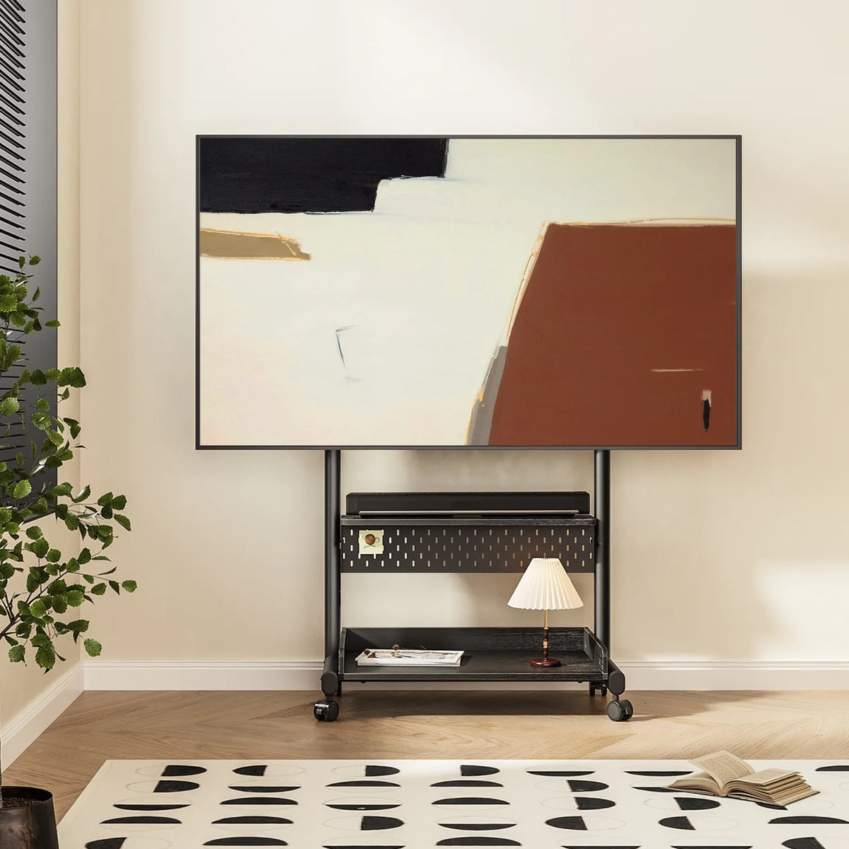 FITUEYES Rolling TV Stand with Wheels for 40-85 inch TVs, Height Adjustable Mobile TV Stand TV cart with Wooden Large Storage,White