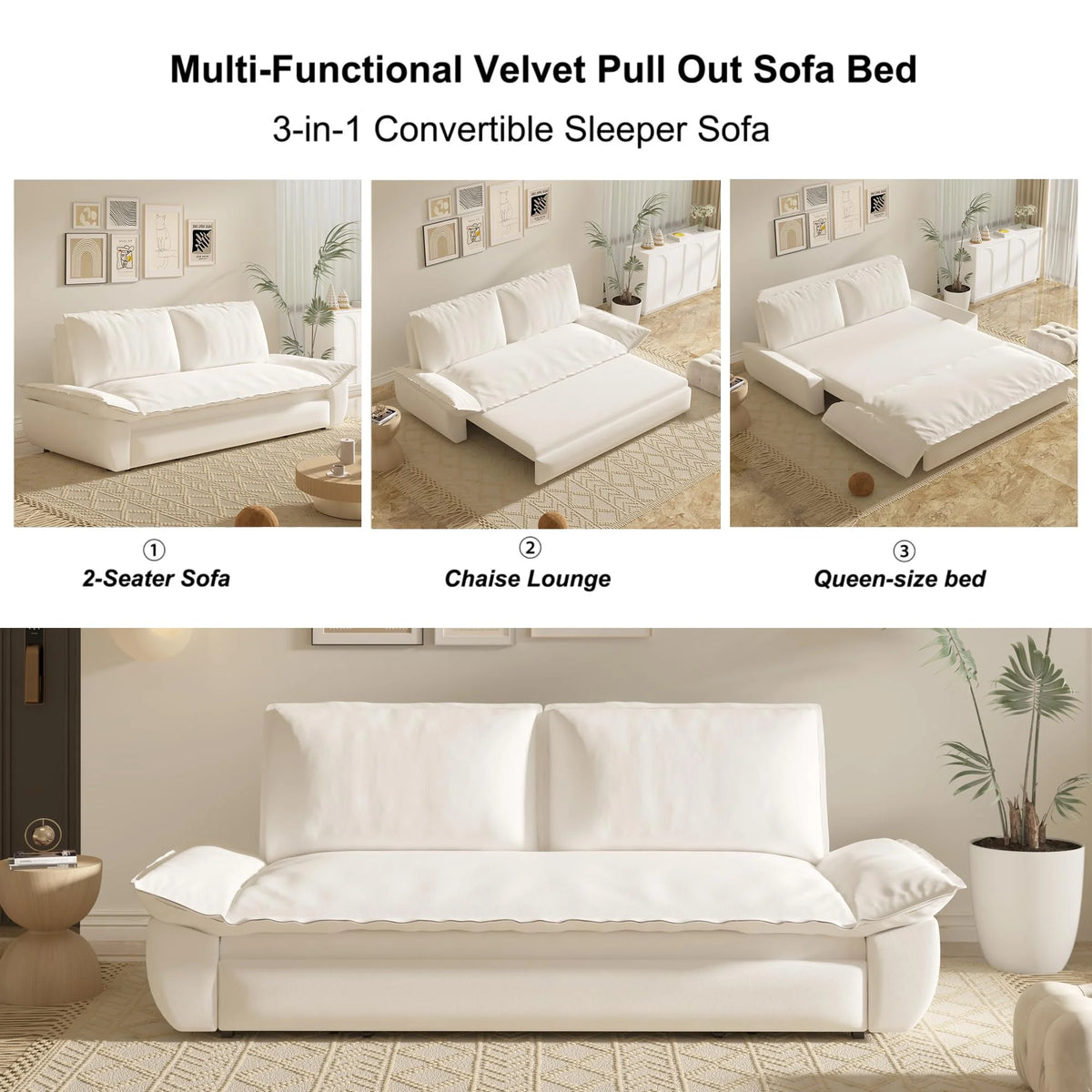 Tabaray 63.8" Futon Sofa Bed Queen Size, Pull Out Bed, 3-in-1 Convertible Sleeper Sofa with Side Pocket, Modern Plush Velvet Futon Couch for Living Room, Small Space, Apartment, Bedroom, Black