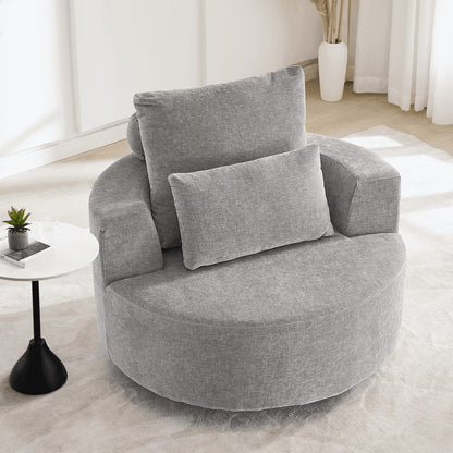 Fumahaus Upholstered Swivel Accent Chair, Oversized Comfy Round Sofa Chair with Two Pillows, Leisure Sofa Chair for Living Room Bedroom, Beige