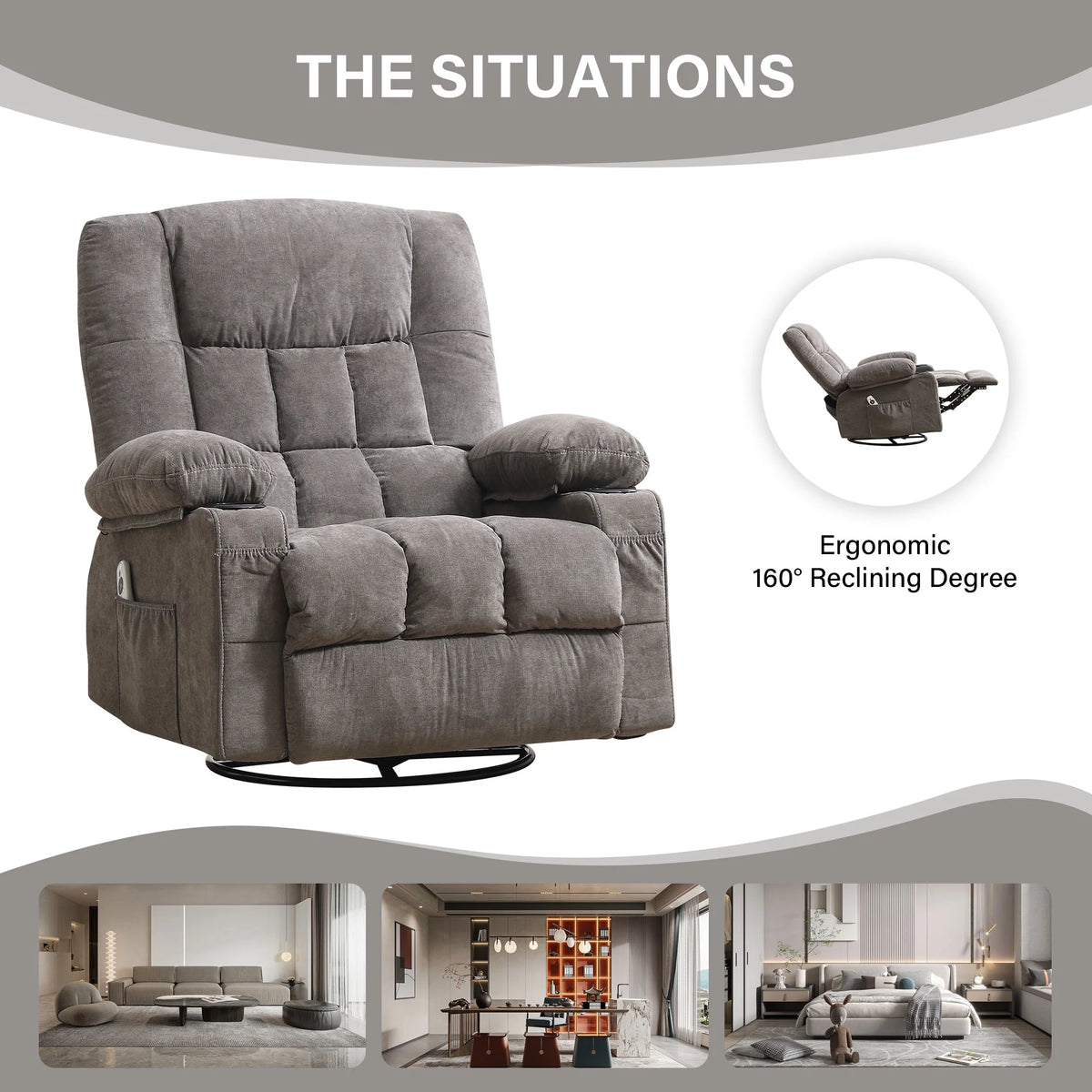 JONPONY Massage Swivel Rocker Recliner Chair with Vibration Massage and Heat Ergonomic Lounge Chair for Living Room with Rocking Function and Side Pocket, 2 Cup Holders, USB Charge Port,Grey