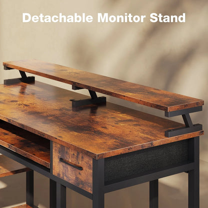 48 inch Computer Desk with Keyboard Tray, Gaming Writing Desk with Drawers/Monitor Stand Shelf/Removable Storage Shelves/CPU Stand for Home Office, Vintage