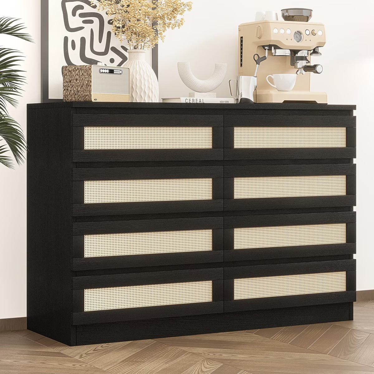 Jojoka 6-Drawers Rattan Dresser for Bedroom Chest of Drawers, TV Stand for 55" TV, Wood Top Storage Organizer Cabinet for Living Room, Entryway, Hallway, Natural