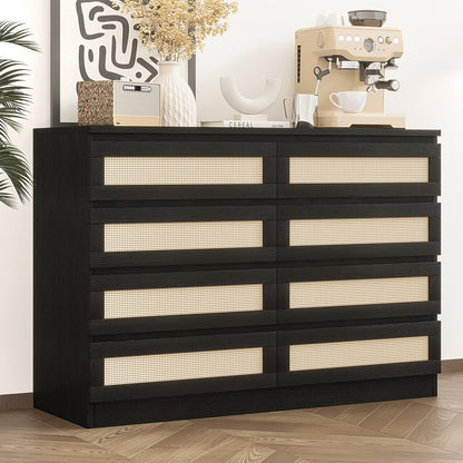 Jojoka 6-Drawers Rattan Dresser for Bedroom Chest of Drawers, TV Stand for 55" TV, Wood Top Storage Organizer Cabinet for Living Room, Entryway, Hallway, Natural