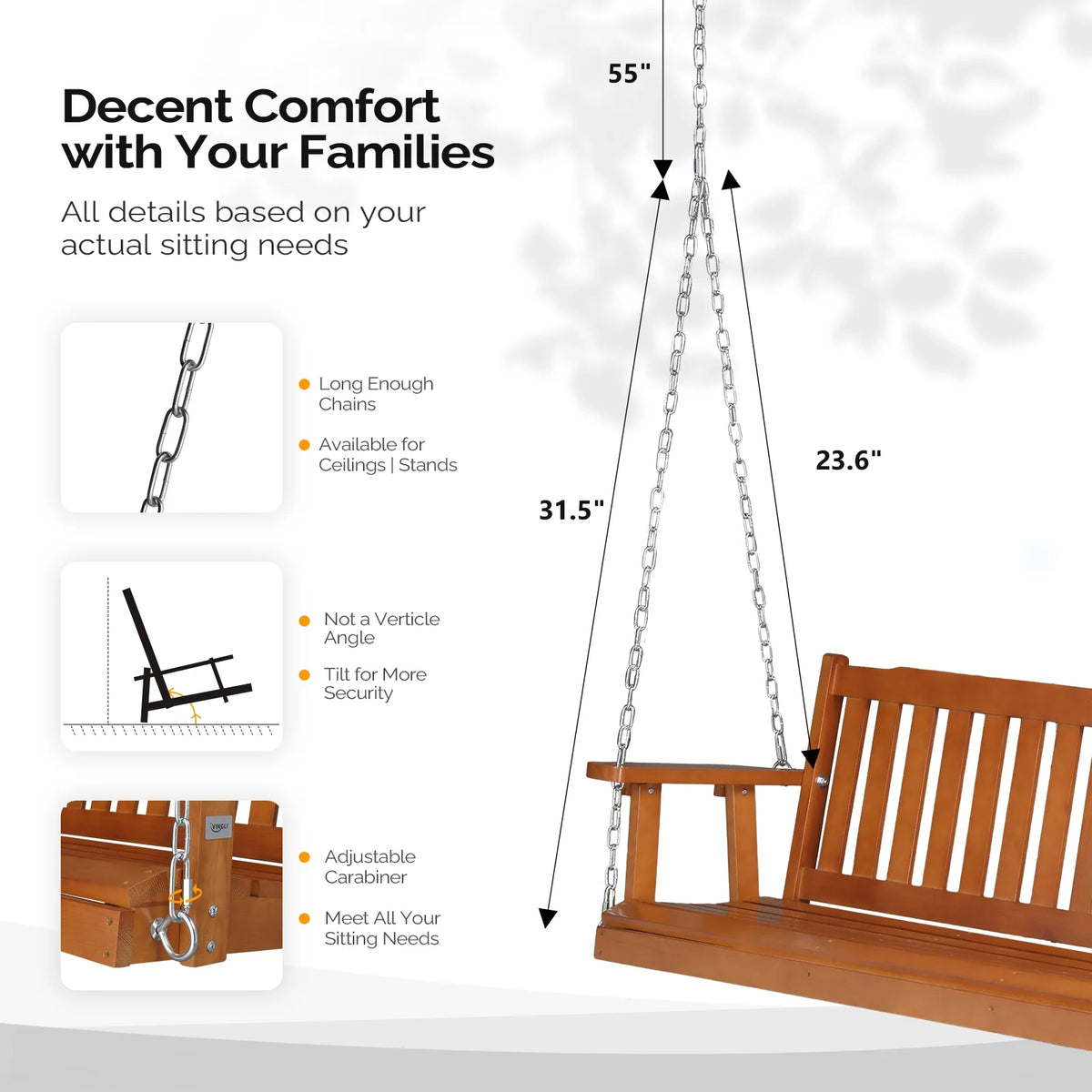 VINGLI Heavy Duty 880 LBS 4 FT Patio Wooden Porch Swing with Upgraded Adjustable Chains, Rustic