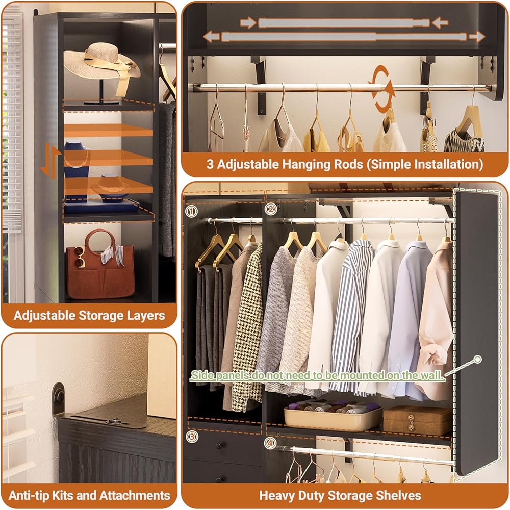 iSunirm 5FT Closet System with Drawers,5FT Closet System with Drawers, 60" Closet Organizer System with 2 Hanging Shelving Perfect Storage Solution for Organizing Your Closet