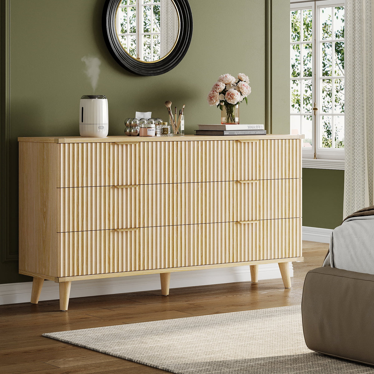 GIKPAL Bedroom Dresser and Nightstand 3 Piece Set - Includes Boho Double 6 Drawer Storage Dresser, Nightstand Set of 2 with Charging Station, Modern Bedroom Set, Natural