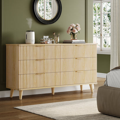 GIKPAL Bedroom Dresser and Nightstand 3 Piece Set - Includes Boho Double 6 Drawer Storage Dresser, Nightstand Set of 2 with Charging Station, Modern Bedroom Set, Natural