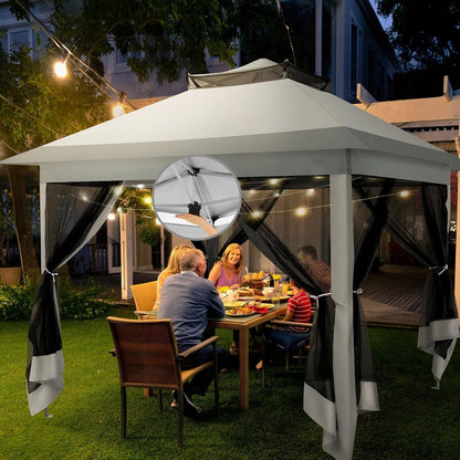 COBIZI 12x12 Outdoor Gazebo Pop Up Gazebo Canopy with Mosquito Netting Patio Tent Backyard Canopy with 2-Tiered Vented Top 3 Adjustable Height, Beige
