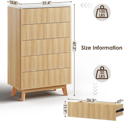 Selooye Fluted 5 Drawers Dresser, 47" Tall Modern Chest of Drawers with Faux Marble Top, Curved Profile Design, Wood Drawer Organizer for Bedroom, Living Room, Hallway, Entryway, Natural Oak
