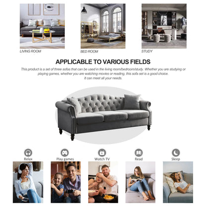 Chesterfield Upholstered Velvet Sofa, 3 Seater Button Tufted Couch with Nailhead Arms for Living Room Bedroom Office Apartment