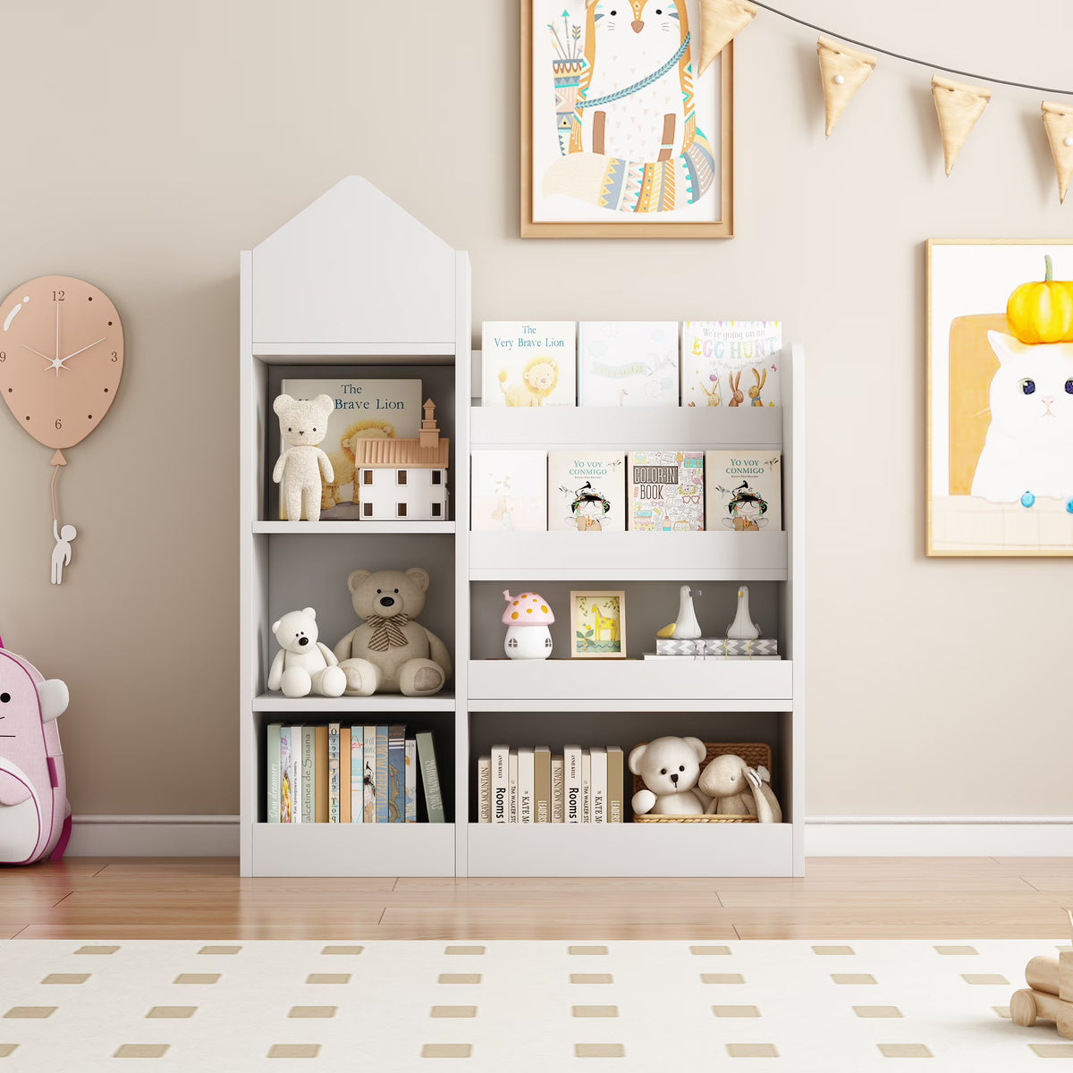 PORKISS Bookshelf for Kids, Wood Kids Bookcase with Toy Storage Organizer, Freestanding Book Shelf with 6 Compartments and 2 Baskets Bins for Kids Bedroom, Nursery, Playroom, Natural