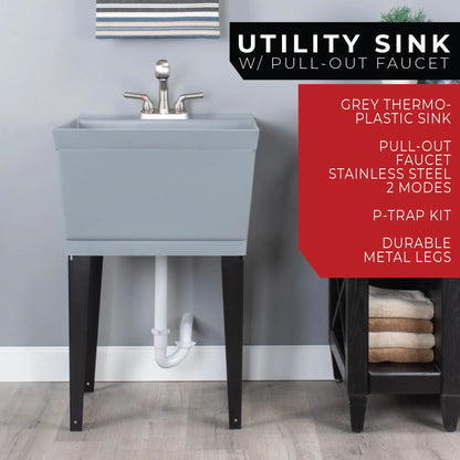 Tehila Utility Sink with Stainless Finish Pull-Out Faucet 19 Gallon - Red