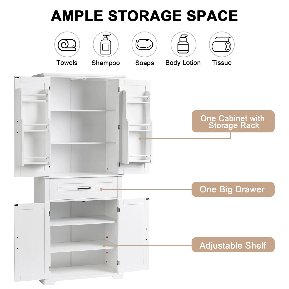 Bellemave White Tall Storage Cabinet with Adjustable Shelf Bathroom Cabinet with 1 Drawer and Storage Rack Large Freestanding Wood Cabinet Storage Organizer Floor Cabinet, White