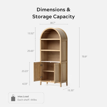 EYYTHUNG 71" Tall Arched Cabinet Modern Farmhouse 5-Tier Arched Bookcase Storage Display Cabinet with Faux Marble Top, Natural Oak