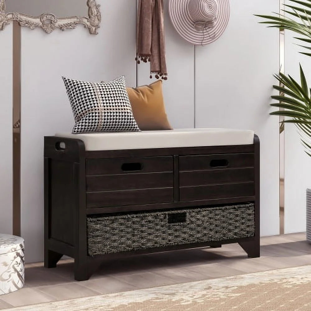 Solid Wood Storage Bench, Narrow Entryway Bench with 2 Drawers and Removable Basket, Classic Accent Shoe Bench with Storage and Removable Cushion for Hallway Living Room, Fully Assembled, Navy