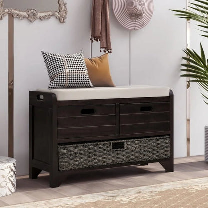 Solid Wood Storage Bench, Narrow Entryway Bench with 2 Drawers and Removable Basket, Classic Accent Shoe Bench with Storage and Removable Cushion for Hallway Living Room, Fully Assembled, Navy