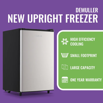 DEMULLER Upright Freezer 3.2 Cu. ft Front Door Freezer Compact Adjustable Thermostat Silver