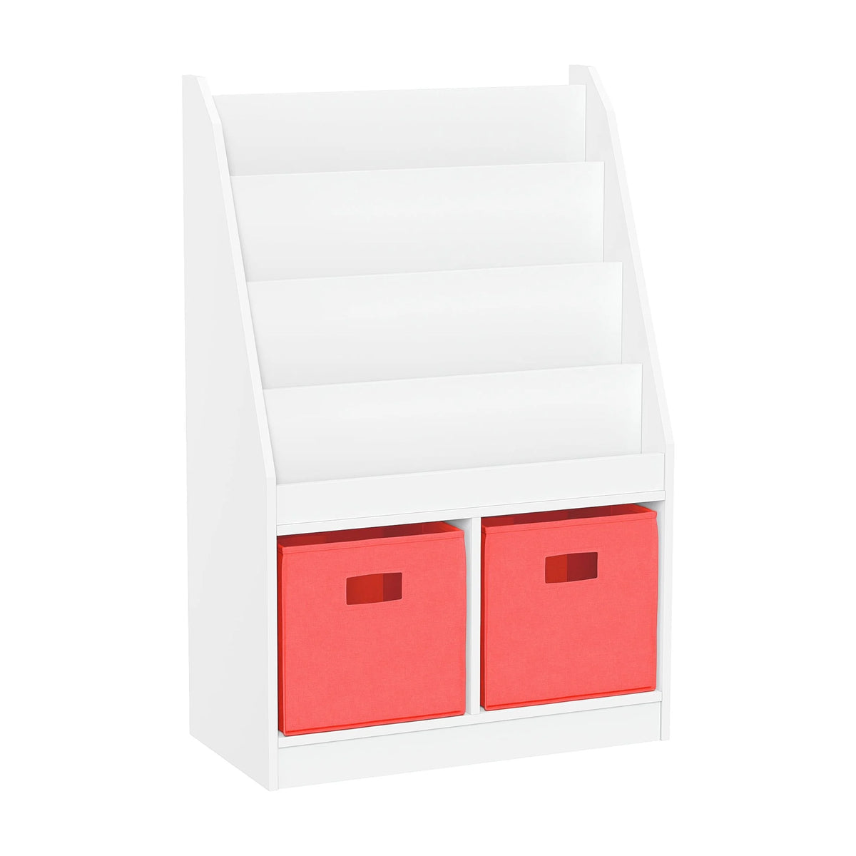 RiverRidge Kid Bookshelf Toy Storage Organizer with 4 Bookracks 2 Cubbies and 2 Gray Bins
