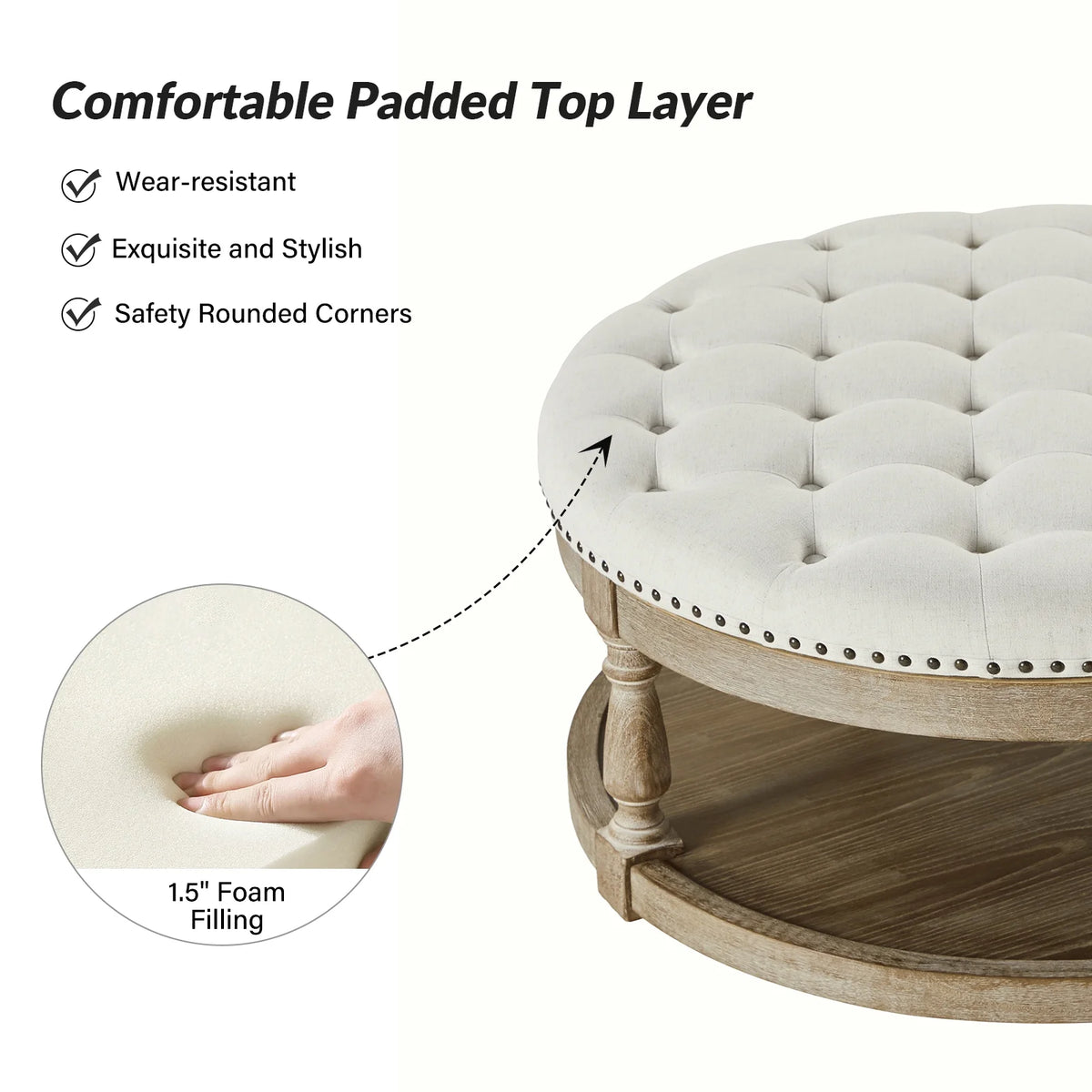 36'' Wide Blue Round Large Ottoman Tufted Coffee Table with Storage Wood Legs Home Living Room