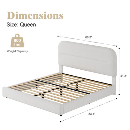 4 EVER WINNER Queen Bed Frame with Headboard, Boucle Upholstered Platform Bed Frame wiith Rounded Corner, Soft Cloud Bed Frame, No Box Spring Needed, White