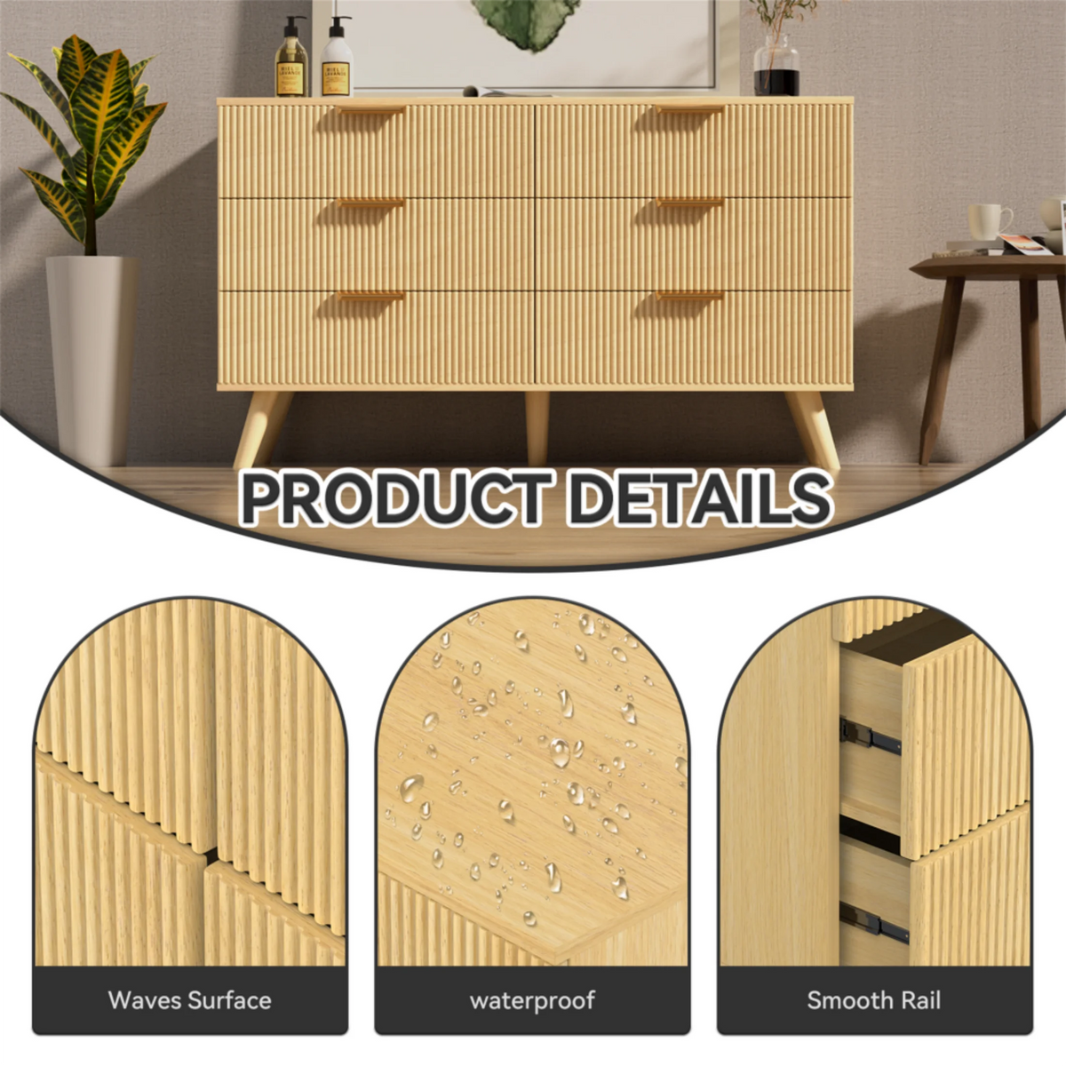 Planntonneo Boho Fluted 6 Drawer Dresser, Wooden Chests for Bedroom