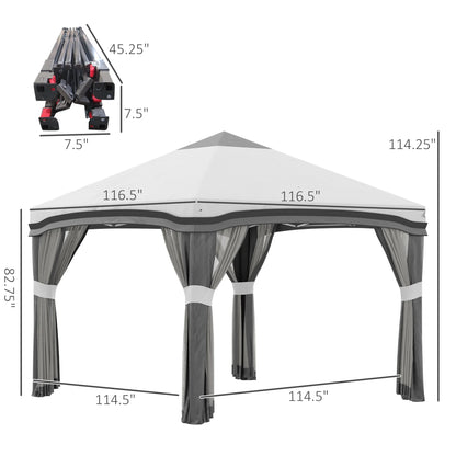 Outsunny 10' x 10' Pop Up Canopy with Nettings, Foldable Party Tent with Wheeled Carry Bag and 4 Sand Bags, Beige