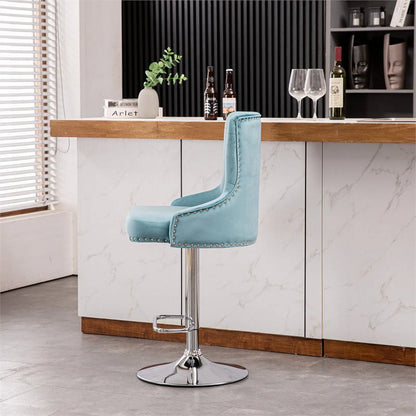 Alexent  2PCS Swivel Bar Stools, High Back, Button Tufted, Silver Footrest and Nailhead Trim Swivel Bar Chairs for Kitchen, Bar Velvet Upholstered Bar Stools, Dark Blue