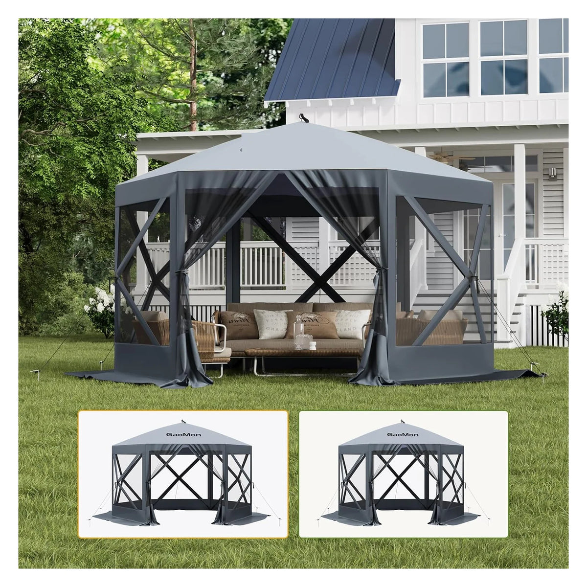 Pop Up Gazebo,Portable Outdoor Camping Canopy Screen Tent With Waterproof 6 Sidewalls&Mosquito Netting,Easy Up Windproof & Waterproof Party Tent For Lawn Garden Backyard,Grey/Brown