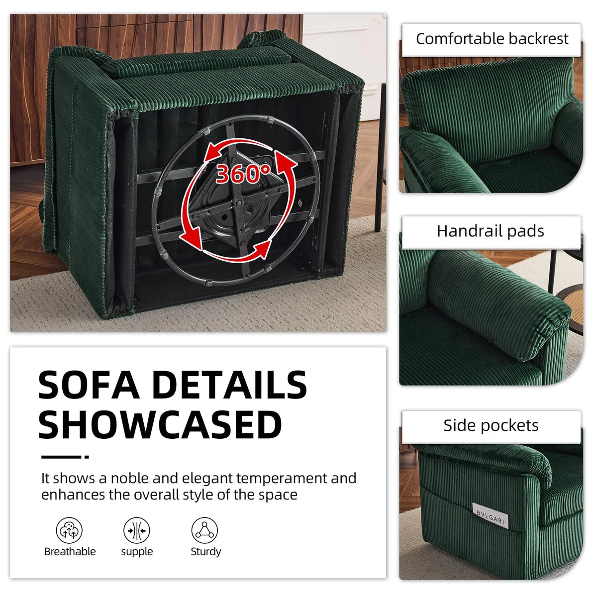 FFH 33" Oversized Swivel Accent Chair,Armchair with Side Pocket,Upholstered Corduroy Lounge Chaise Chair,Barrel Chairs,Comfy Single Sofa Chair for Living Room Reading Bedroom Office,Black