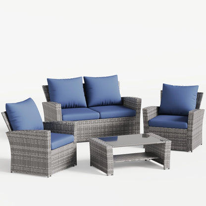 UDPATIO Wicker Patio Furniture Set, 4 Piece Outdoor Sectional Conversation Sets, Gray PE Rattan Patio Sofa Set for Balcony, Porch, Backyard, Grey