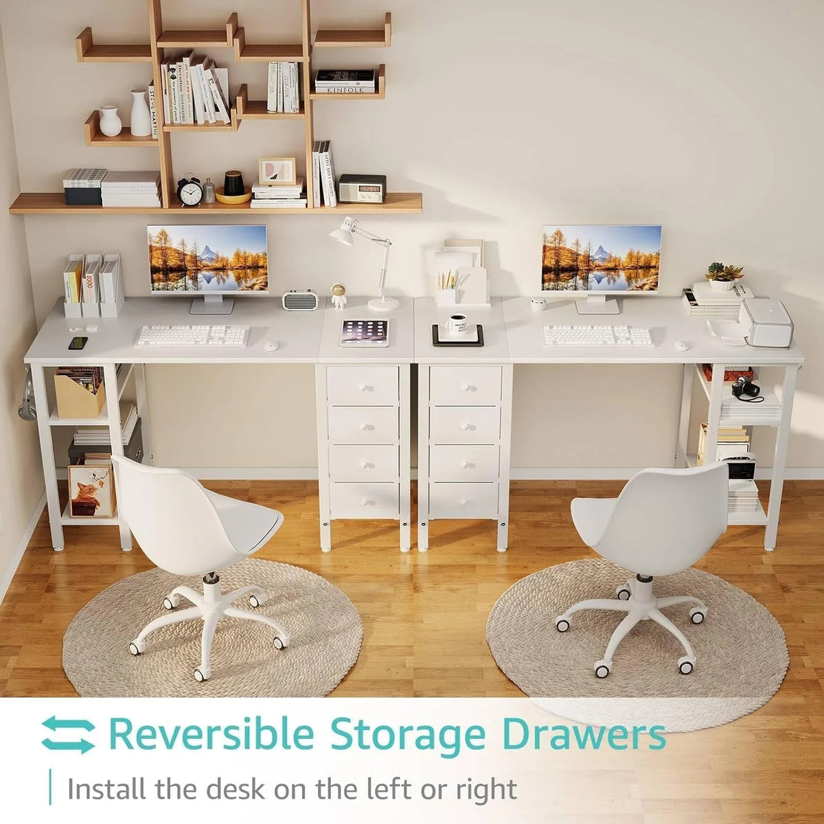 Lufeiya White Desk with Drawers & Storage Shelves, 47 Inch Study Work Writing Desk for Home Office Bedroom, Simple Modern Cute PC Computer Desks Table, White