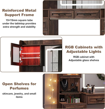 ChVans 62'' Large Vanity Desk with Tempered Glass Top & Charging Station, Farmhouse Makeup Vanity with 8 Storage Drawers & 2 LED Glass Storage Cabinets & 3 Lights Mode LED Mirror for Women Gift