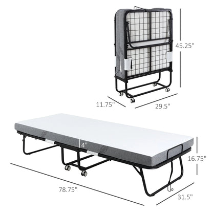 HOMCOM Folding Bed with 4" Mattress, Portable Foldable Guest Bed with Wheels