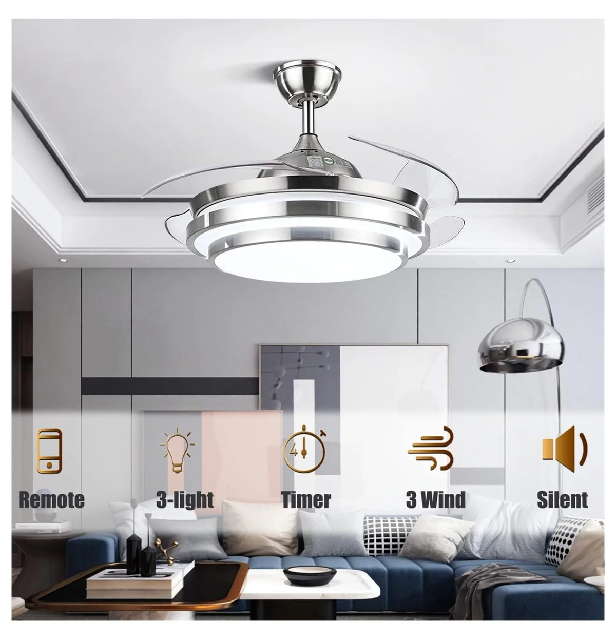 XylehR 42" Modern Ceiling Light with Fans Control, 4 Retractable Blades with 3 Light Color Change Ceiling Fan for Living Bedroom Restaurant, Silver Color with Silent Motor (42In-1 Update)