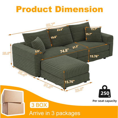 Alvantor 4-Seat Sofa 102" W Corduroy Upholstered Deep Seat Couches Convertible Chaise for Living Room, Apartment Grey