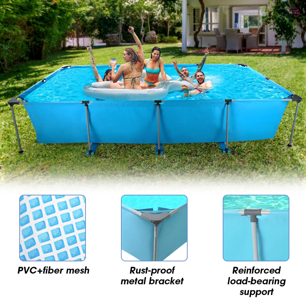 GASKY 15FT Swimming Pools 177.17X86.61X33.07in Above Ground Swimming Pools PVC Material for Pets Family Teenagers Garden Backyard Villa