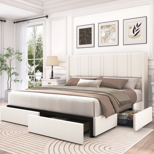 LARMACE King Size Upholstered Bed Frame with 4 Storage Drawers and Vertical Channel Tufted Headboard Linen Platform Bed Frame Wingback Beds with Wooden Slats Support, Beige