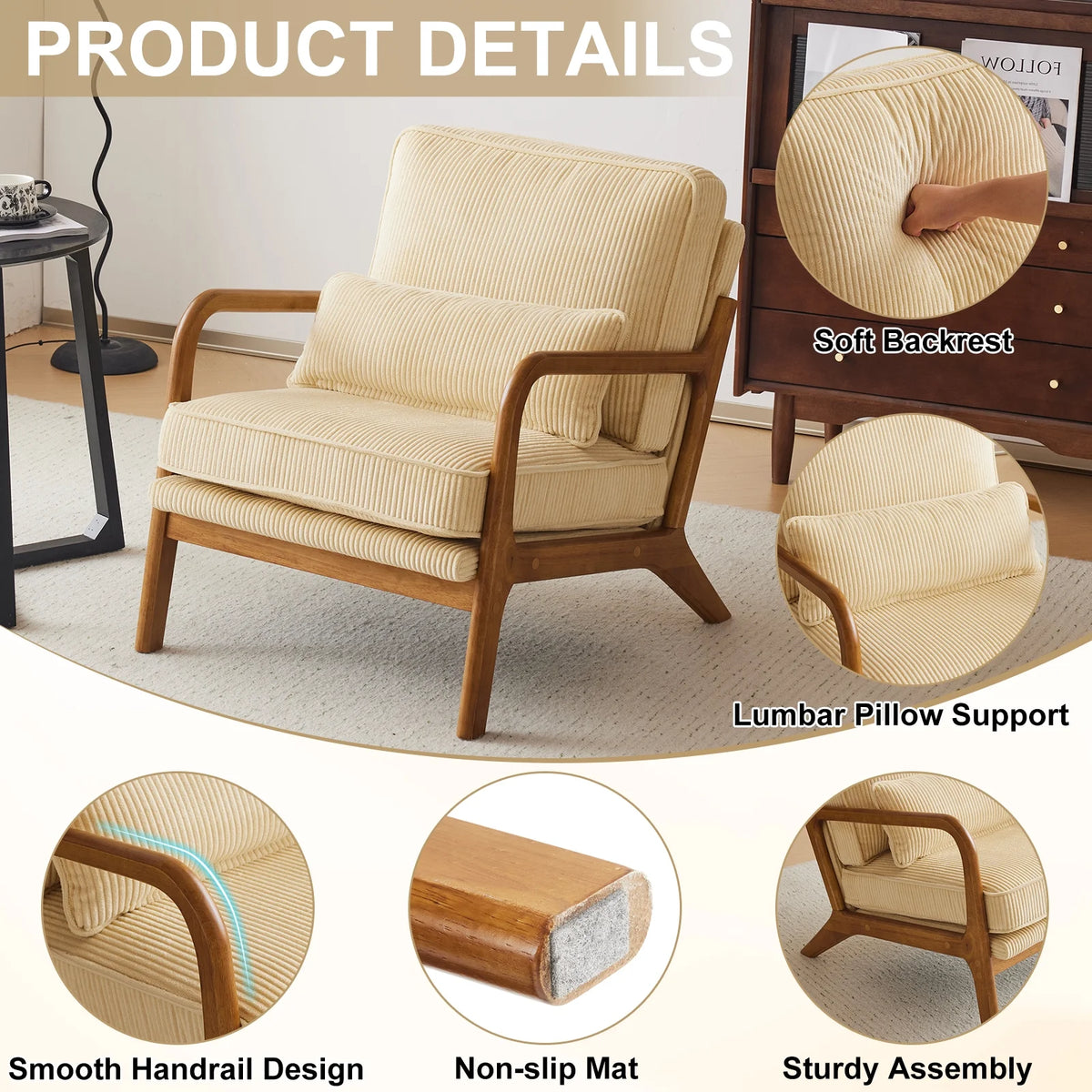 Ktaxon Accent Chair Corduroy Upholstered Armchair, Reading Club Chair with Pillow and Solid Wood Frame for Living Room Bedroom Furniture Off White
