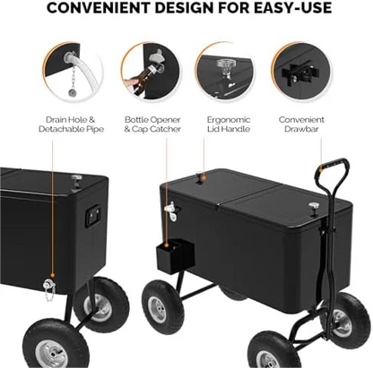 80 Quart Wagon Rolling Cooler Ice Chest, /Long Handle and 10" Wheels, Portable Beach Patio Party Bar Cold Drink Beverage, Outdoor Park Cart on Wheels