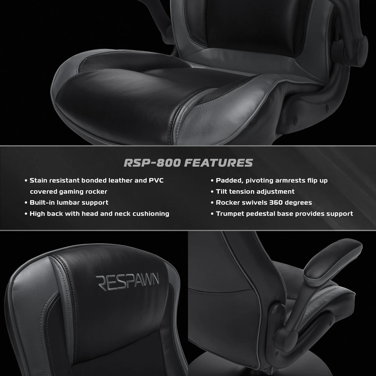 RESPAWN 800 Swivel Rocker Gaming Chair - Ergonomic Floor Gaming Seat with Lumbar Support, Flip Up Armrest, High Back, Pedestal Base, Comfortable No Wheels Console Video Game Rocker Chair - Red