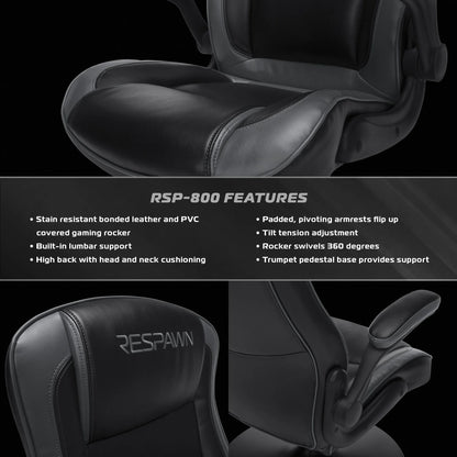 RESPAWN 800 Swivel Rocker Gaming Chair - Ergonomic Floor Gaming Seat with Lumbar Support, Flip Up Armrest, High Back, Pedestal Base, Comfortable No Wheels Console Video Game Rocker Chair - Red