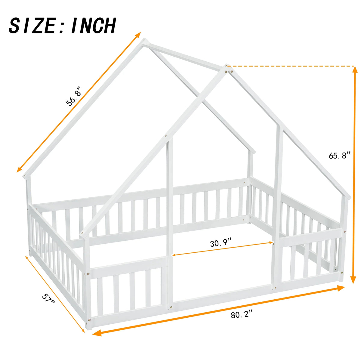Bellemave Twin Size Floor Bed Frame, Wooden House Bed Twin Size with Fence, Montessori Bed with Guardrails for Bedroom (White)