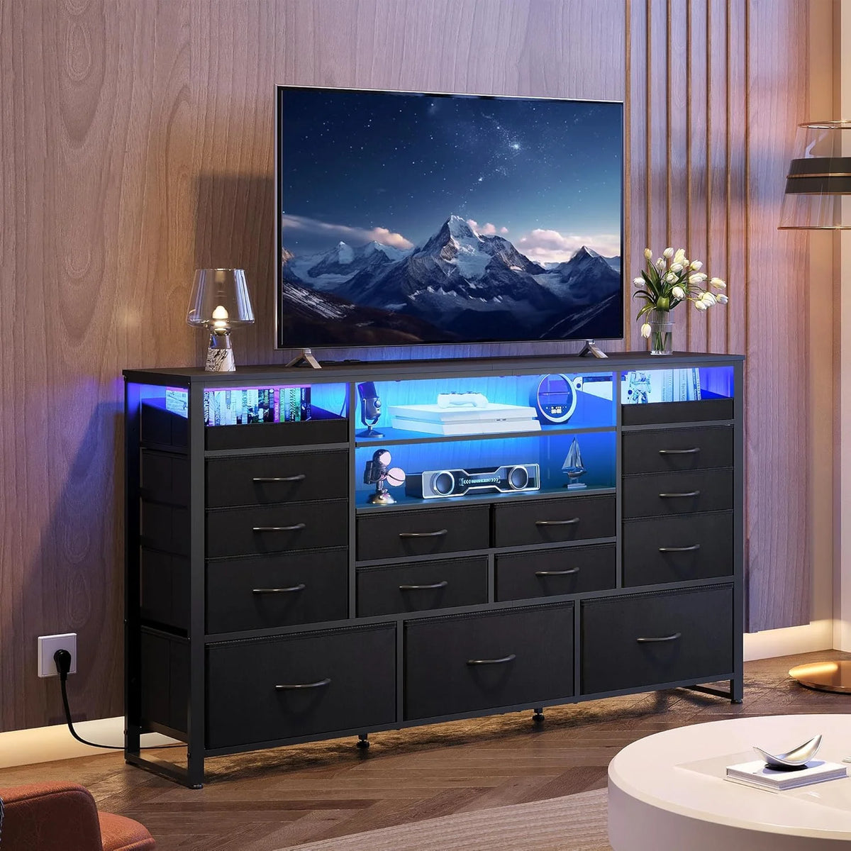 Black TV Stand for 55, 60, 65 inch TV, Entertainment Center with LED Lights & Charging Station, TV Media Console Table with 15 Fabric Drawers and Open Shelves for Living Room, Hallway, Wood Topm