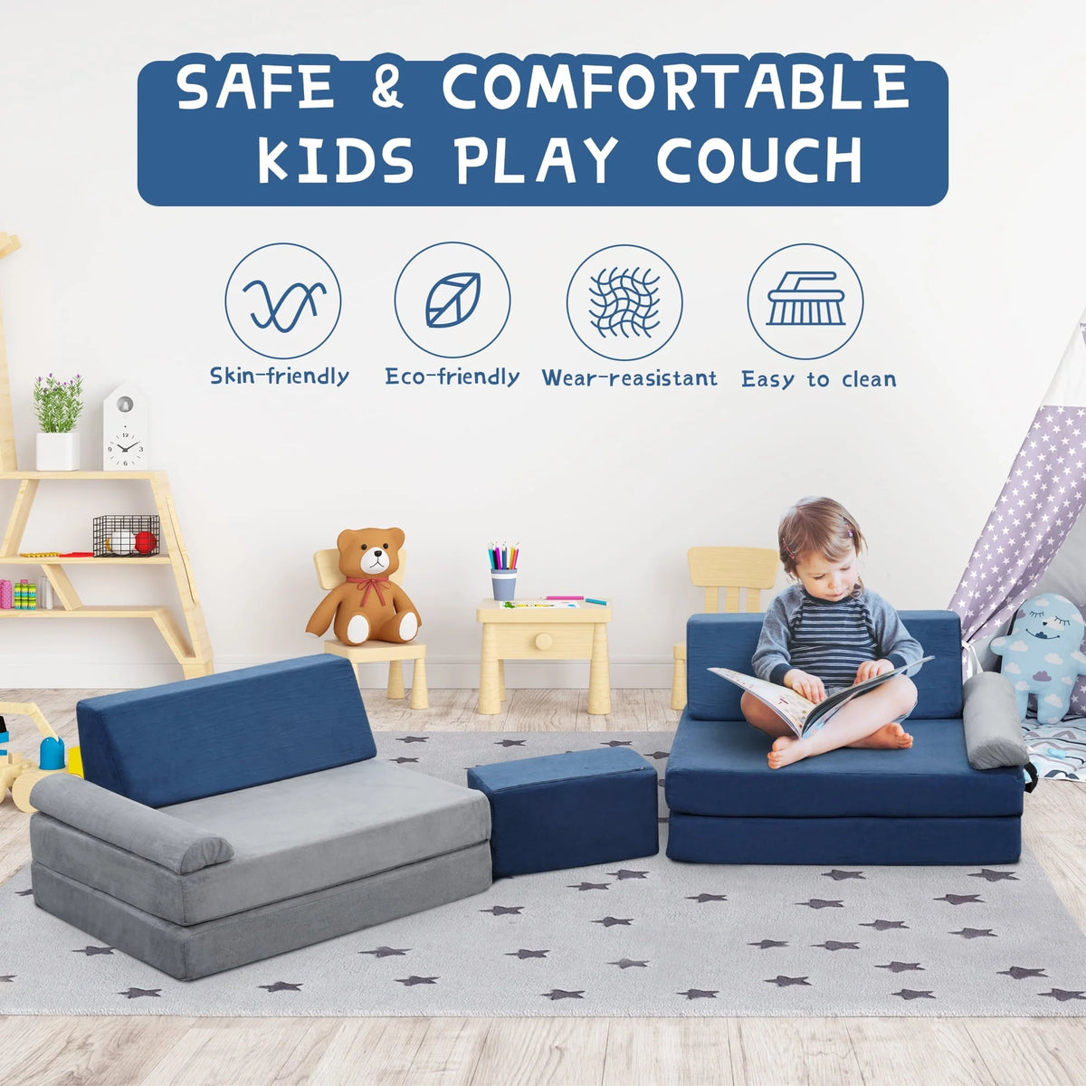 Ainfox Kids Couch, 10PCS Modular Fold Out Play Couch Sofa for Toddler Playroom & Bedroom, Soft Foam Kids Explorer Furniture Play Set with Washable Covers