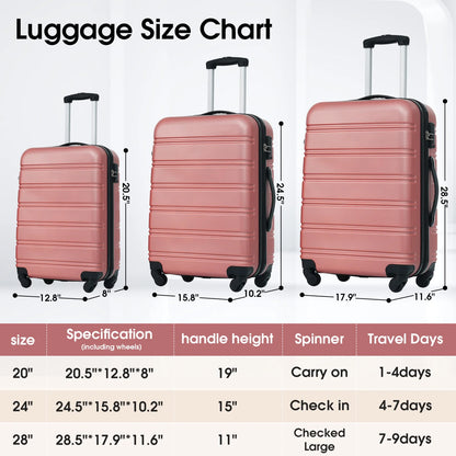 3 Piece ABS Luggage Set, Luggage with Spinner Wheel & TSA  20/24/28 inch, Purple