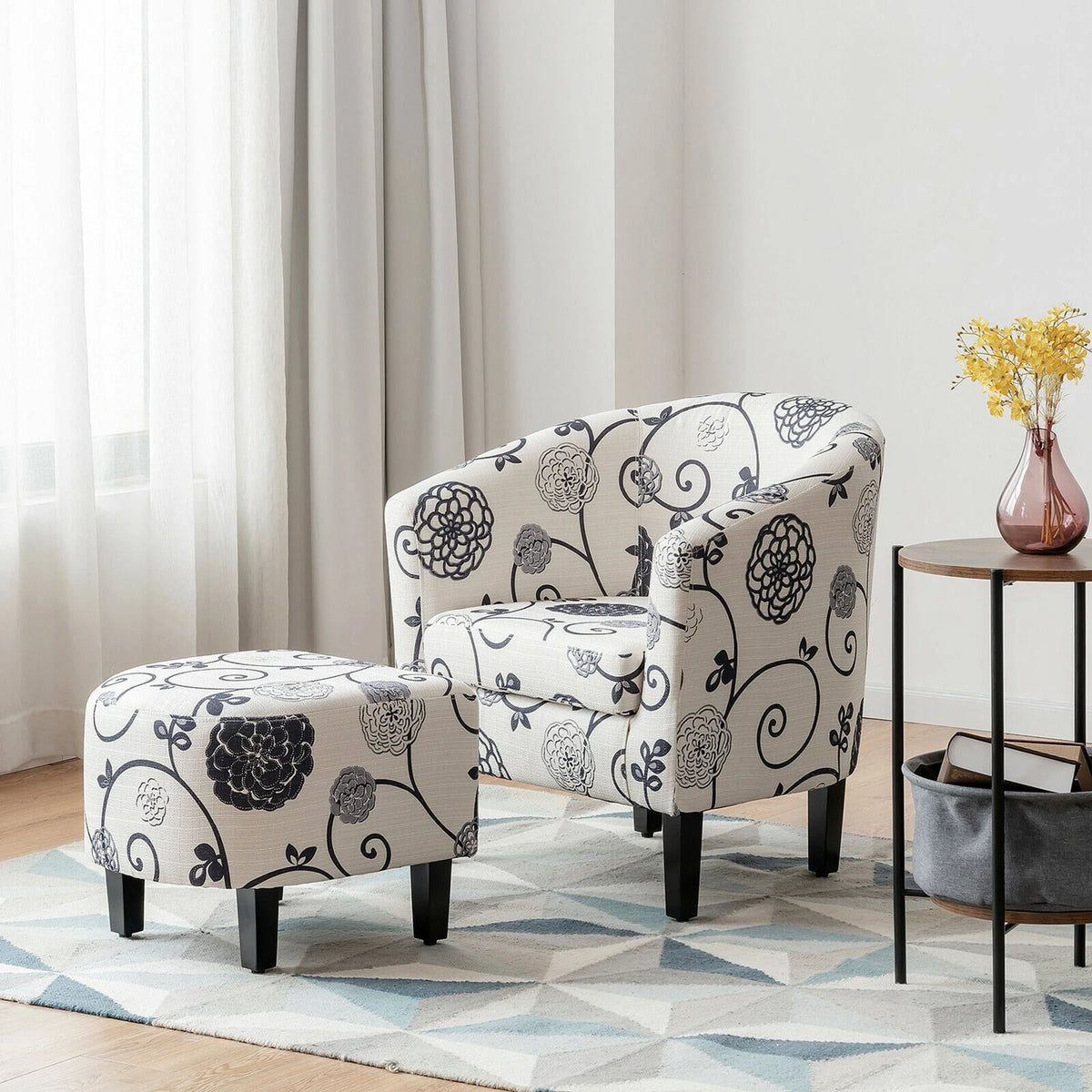 Gymax Modern Accent Tub Chair&Ottoman Set Fabric Upholstered Club Chair Grey Floral