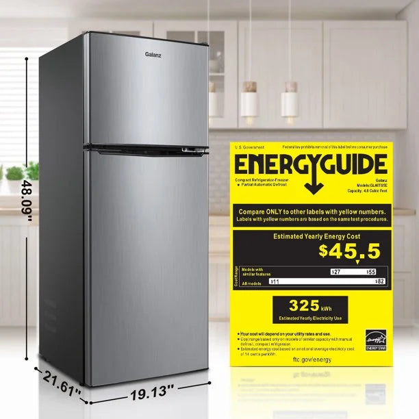Galanz 4.6. Cu ft Two Door Mini Refrigerator with Freezer, Stainless Steel, New, Width 19.13"