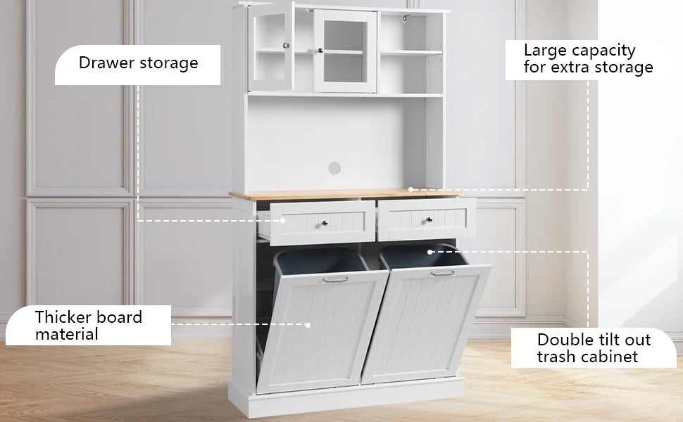 KIGOTY Dual Kitchen Trash Cabinet, Double Tilt Out Trash Can Cabinet with Countertop and Drawer, Free-Standing Pet Proof Recycling Cabinet Garbage Can Holder, Wood (White)